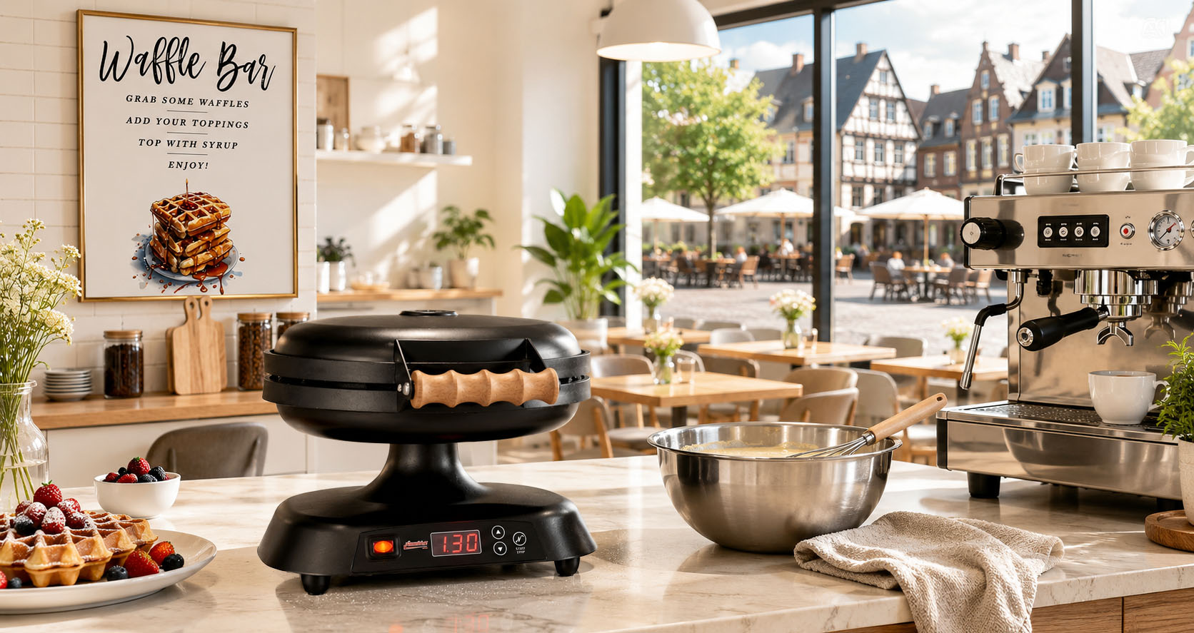 Profi-Waffeleisen Galaxia Black auf Theke in Café