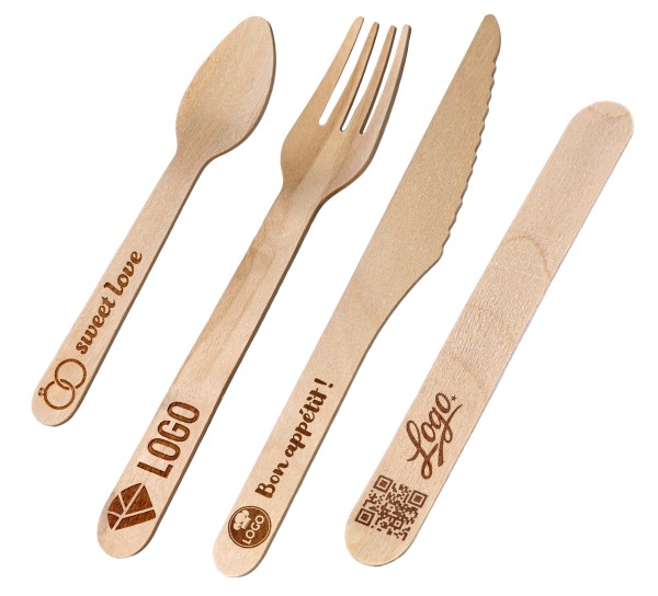 Einwegbesteck aus Holz mit individueller Logo-Lasergravur