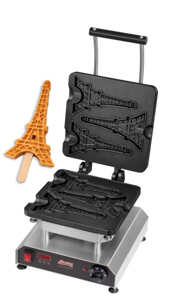 Profi-Waffeleisen mit Waffel am Stiel in Eiffelturm-Form